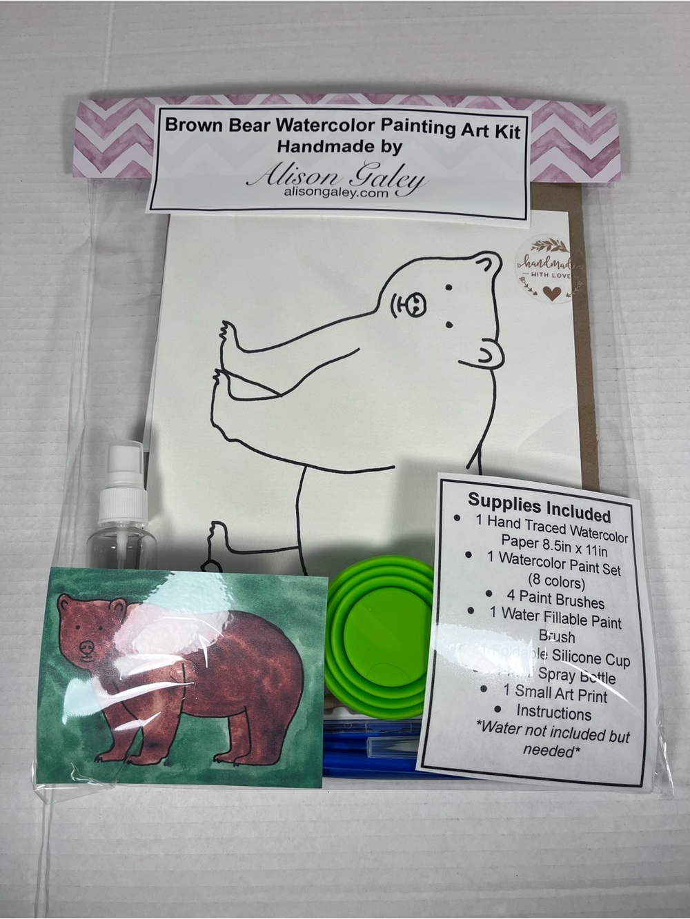 Brown Bear Watercolor Painting Art Kit Handmade by Alison Galey supplies inc.